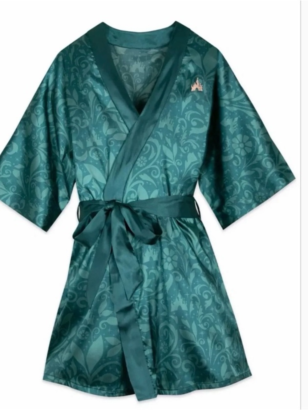 Silky Teal Floral Jacquard Kimono Fantasyland Robe - cropped lounge pants & top